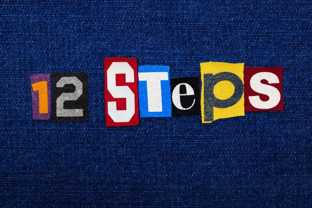 12,Steps,Word,Text,Collage,,Multi,Colored,Fabric,On,Blue